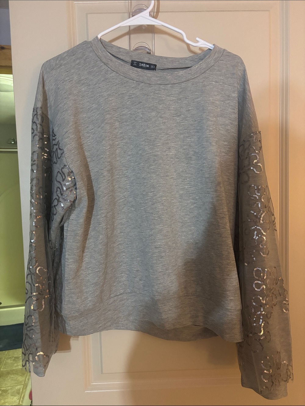 SHEIN Gray Lace-Sequin Sleeve Pullover Sweatshirt